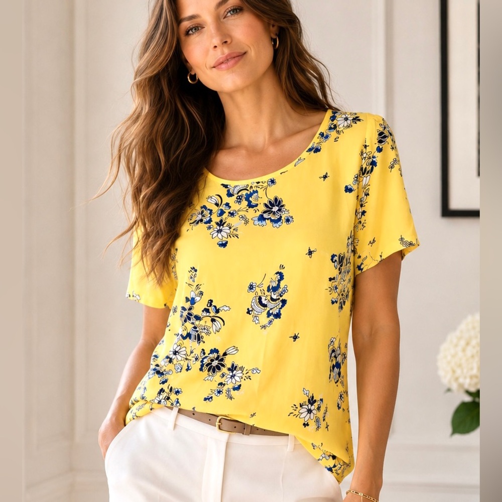 NWT Ann Taylor Floral Vine Shirred Blouse in Sunbeam Yellow Size L